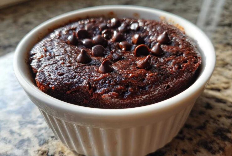 Close-up of a rich, dark chocolate Cottage Cheese Microwave Brownie topped with chocolate chips in a white ramekin.