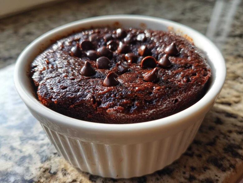 Close-up of a rich, dark chocolate Cottage Cheese Microwave Brownie topped with chocolate chips in a white ramekin.
