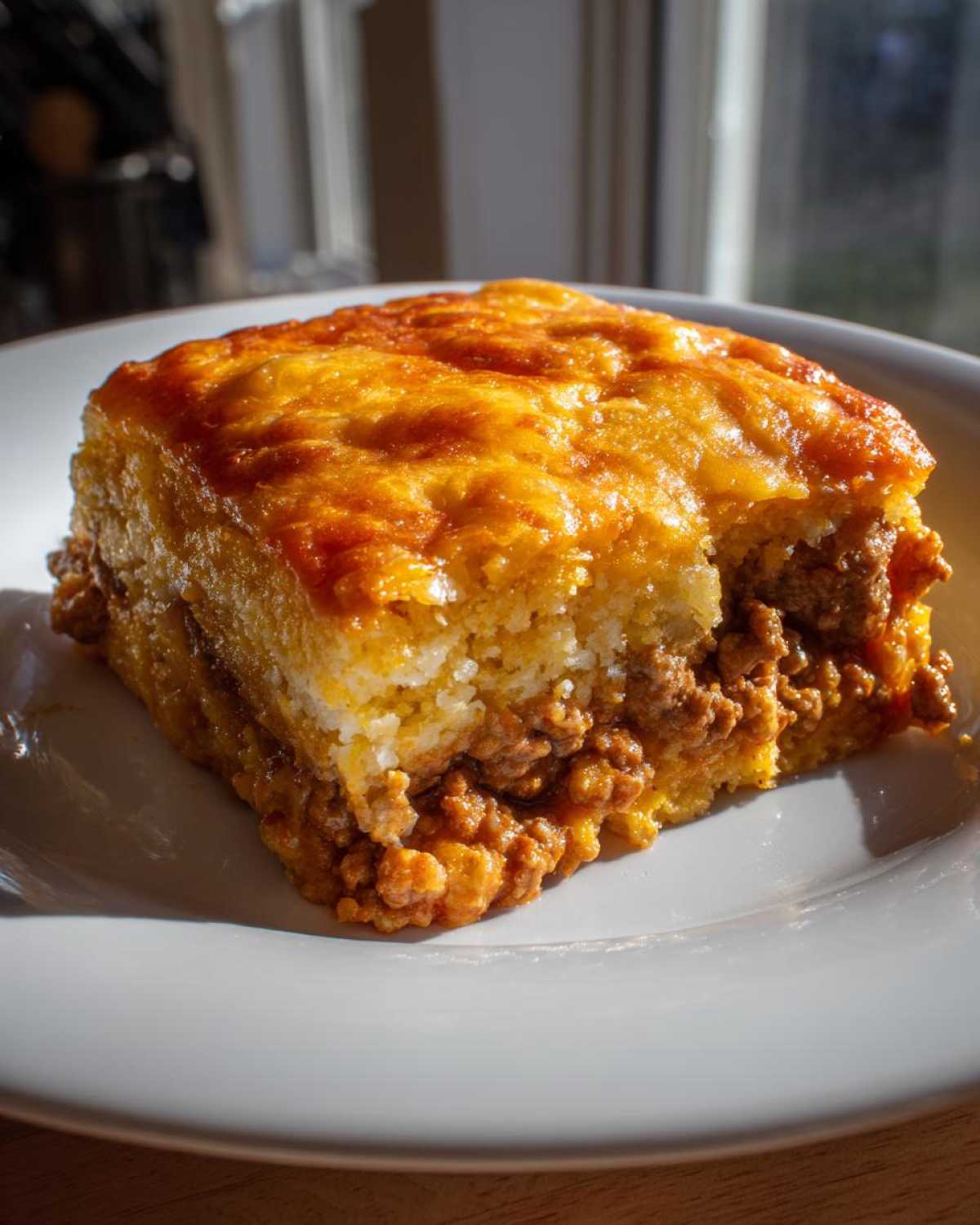 A square slice of rich cowboy cornbread casserole with a savory ground meat layer, served on a white plate.