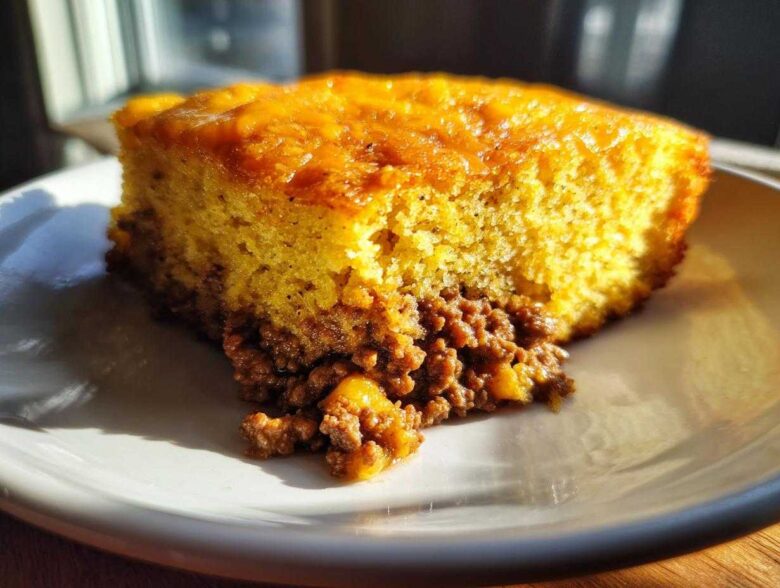 A close-up of a slice of cowboy cornbread casserole showing the thick, golden cornbread top layer over a savory ground meat filling.