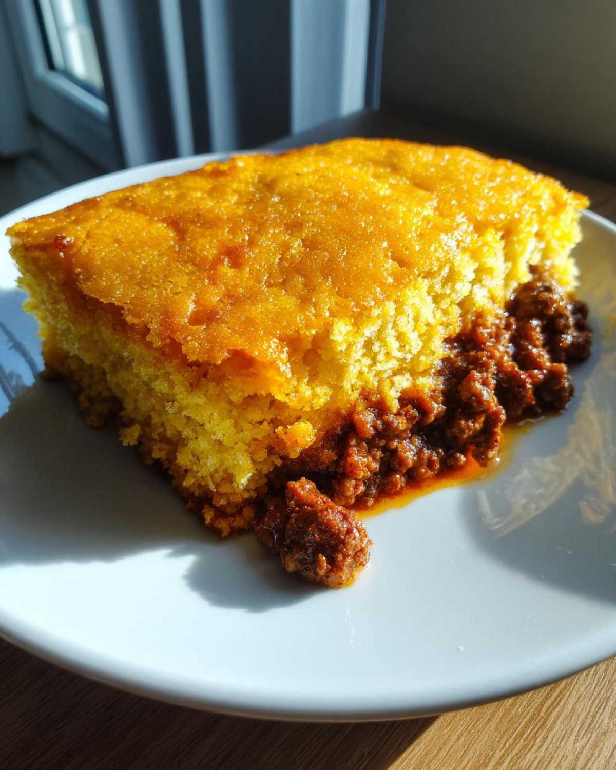A slice of golden cowboy cornbread casserole served on a white plate with a rich chili filling visible underneath.