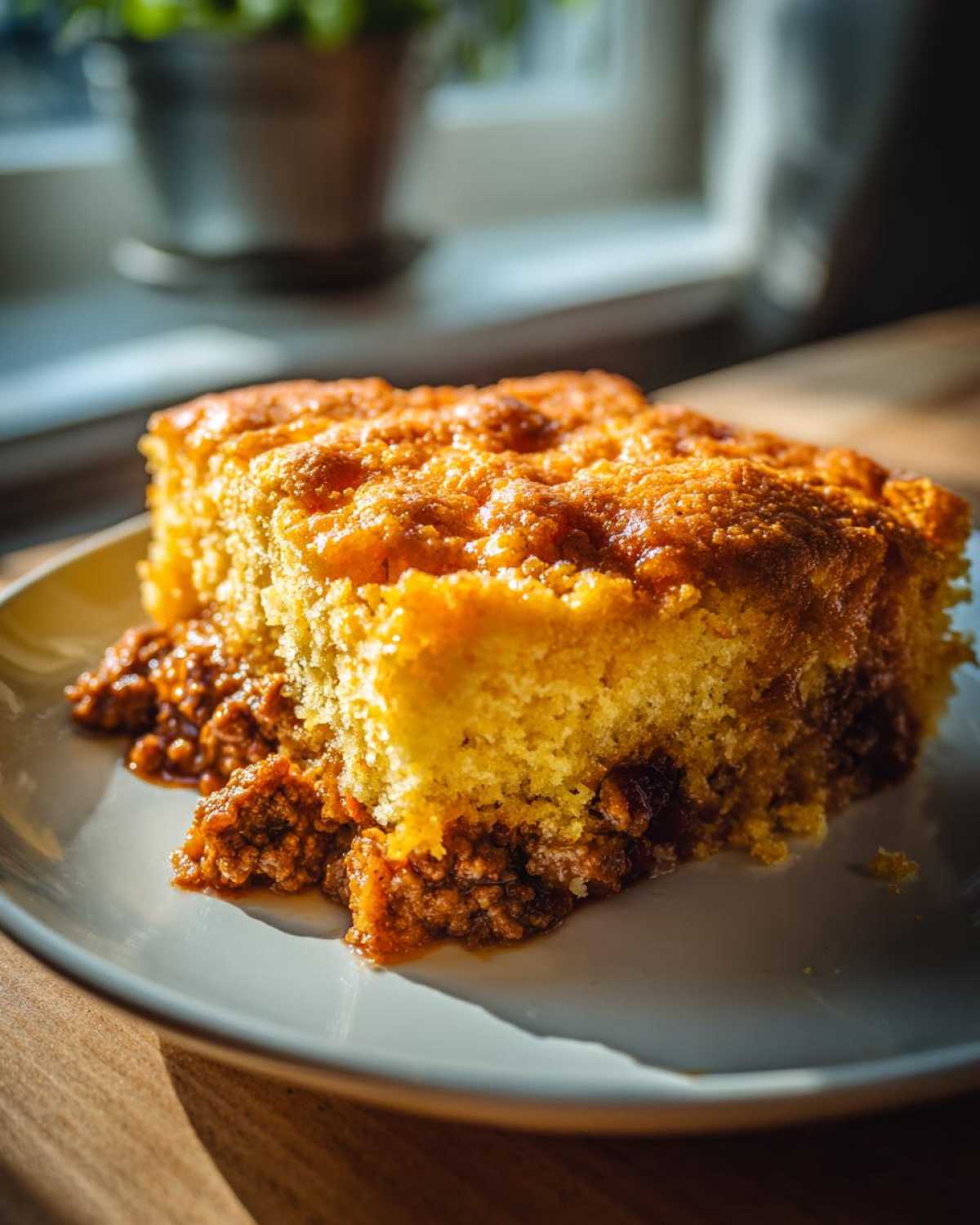 A square slice of golden cowboy cornbread casserole served over a bed of rich chili on a white plate.