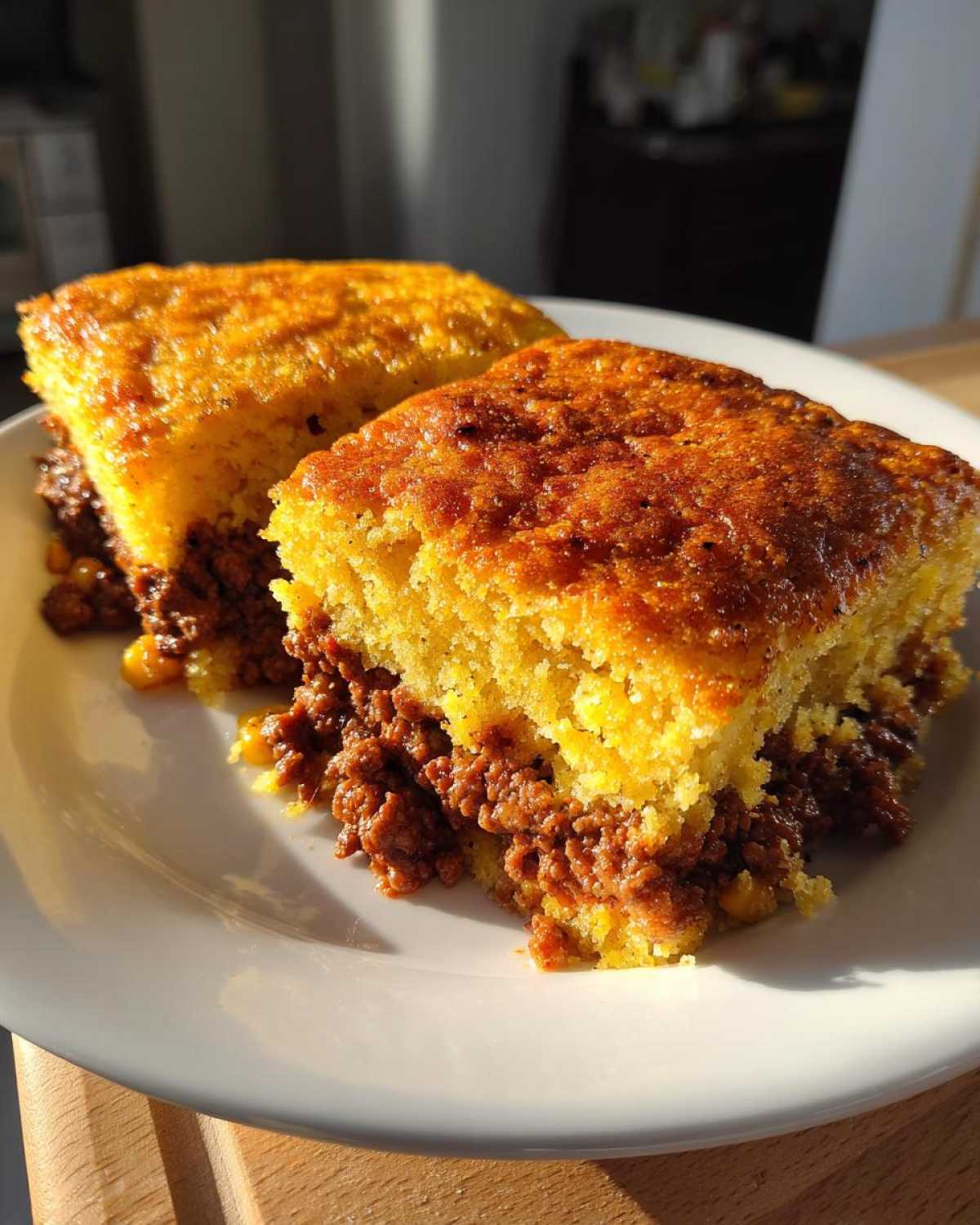 Two golden-brown slices of cowboy cornbread casserole showing a thick layer of seasoned ground meat filling.