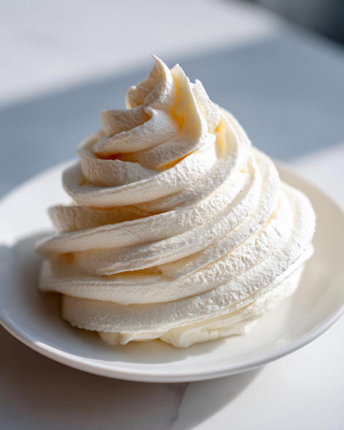 A tall, perfectly piped swirl of white cream cheese frosting sitting on a small white plate.