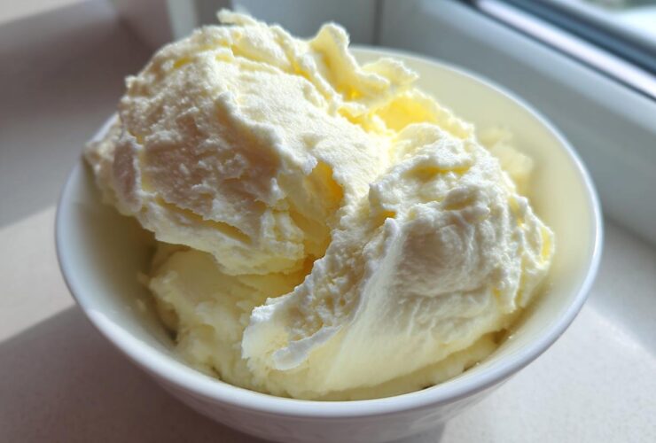 A white bowl filled with rich, creamy, pale yellow mixture, likely the base for Olive Garden Alfredo Sauce.