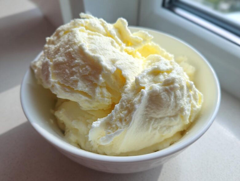 A white bowl filled with rich, creamy, pale yellow mixture, likely the base for Olive Garden Alfredo Sauce.