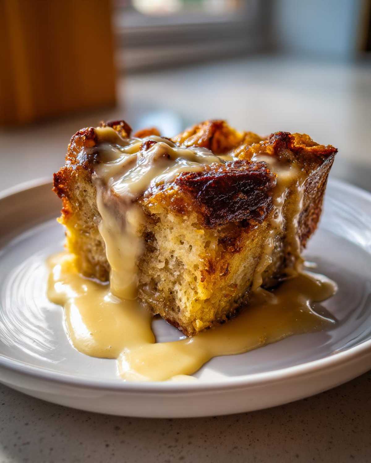 A close-up of a rich, golden-brown bread pudding slice generously topped with creamy vanilla sauce.