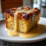 A close-up of a square slice of moist bread pudding topped with rich vanilla sauce.