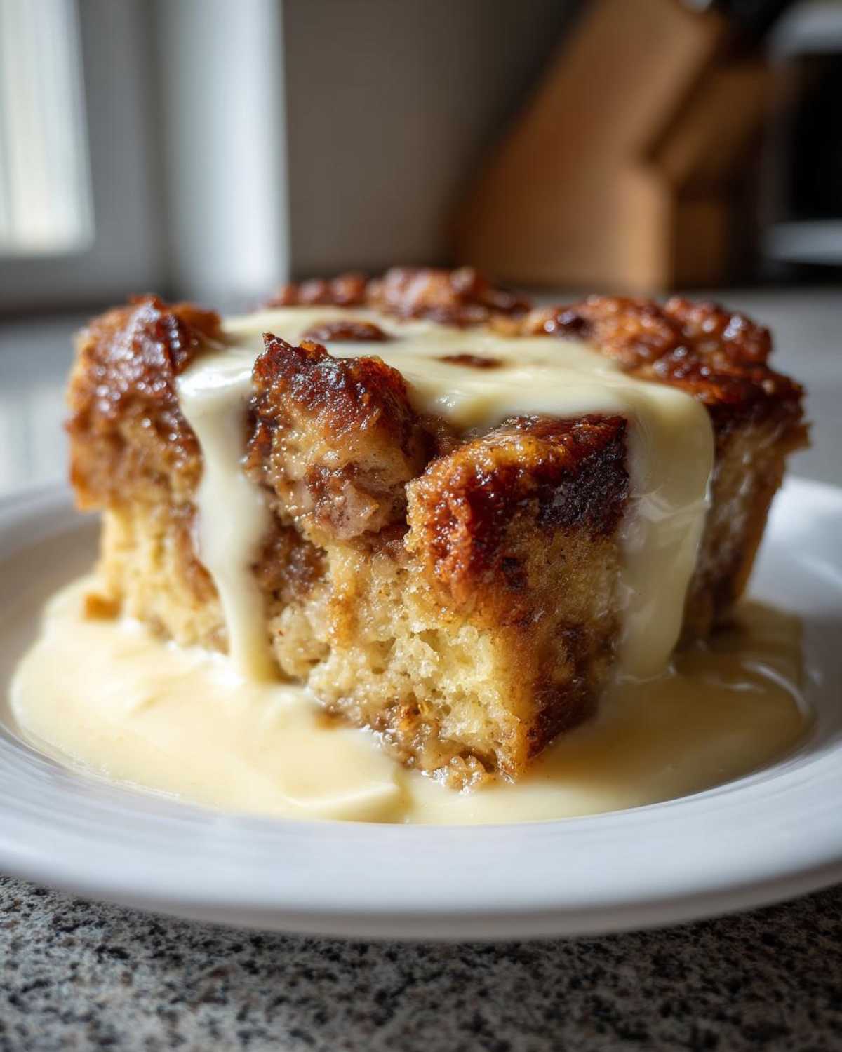 A square slice of golden brown bread pudding generously topped with creamy vanilla sauce.