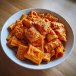 Close-up of rigatoni pasta coated in a creamy orange butternut squash pasta sauce, topped with black pepper.