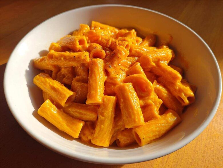 A close-up of creamy butternut squash pasta made with rigatoni, served in a white bowl.