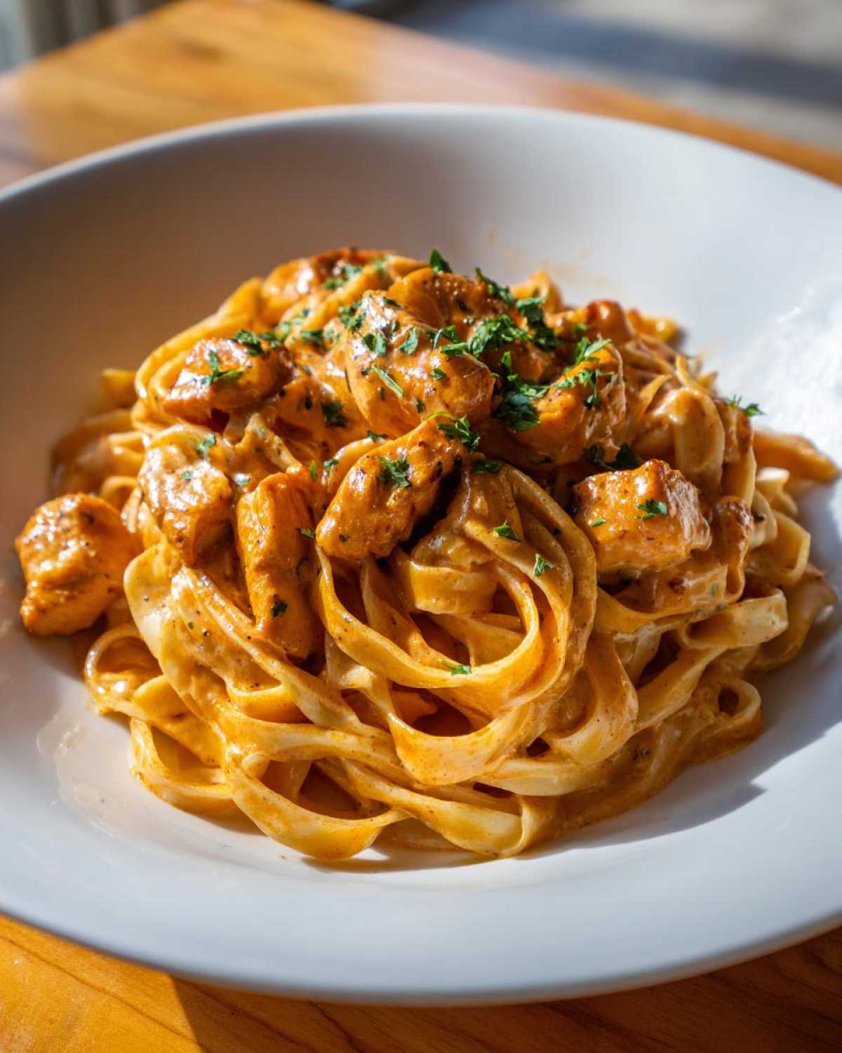A close-up shot of creamy cajun chicken pasta featuring fettuccine noodles coated in a rich sauce and topped with seasoned chicken pieces and parsley.