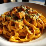 A close-up shot of rich, orange-hued creamy cajun chicken pasta tossed with fettuccine and topped with seasoned chicken pieces and parsley.