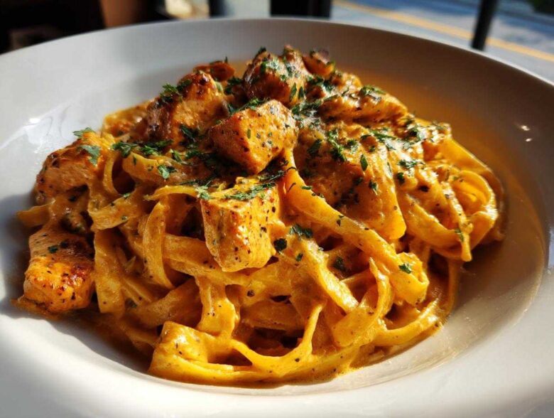 A close-up shot of rich, orange-hued creamy cajun chicken pasta tossed with fettuccine and topped with seasoned chicken pieces and parsley.