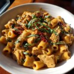 A close-up of creamy chicken pasta featuring rigatoni, chunks of chicken, sun-dried tomatoes, and fresh basil.