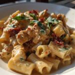 Close-up of creamy chicken pasta featuring rigatoni, chunks of chicken, sun-dried tomatoes, and fresh basil garnish.