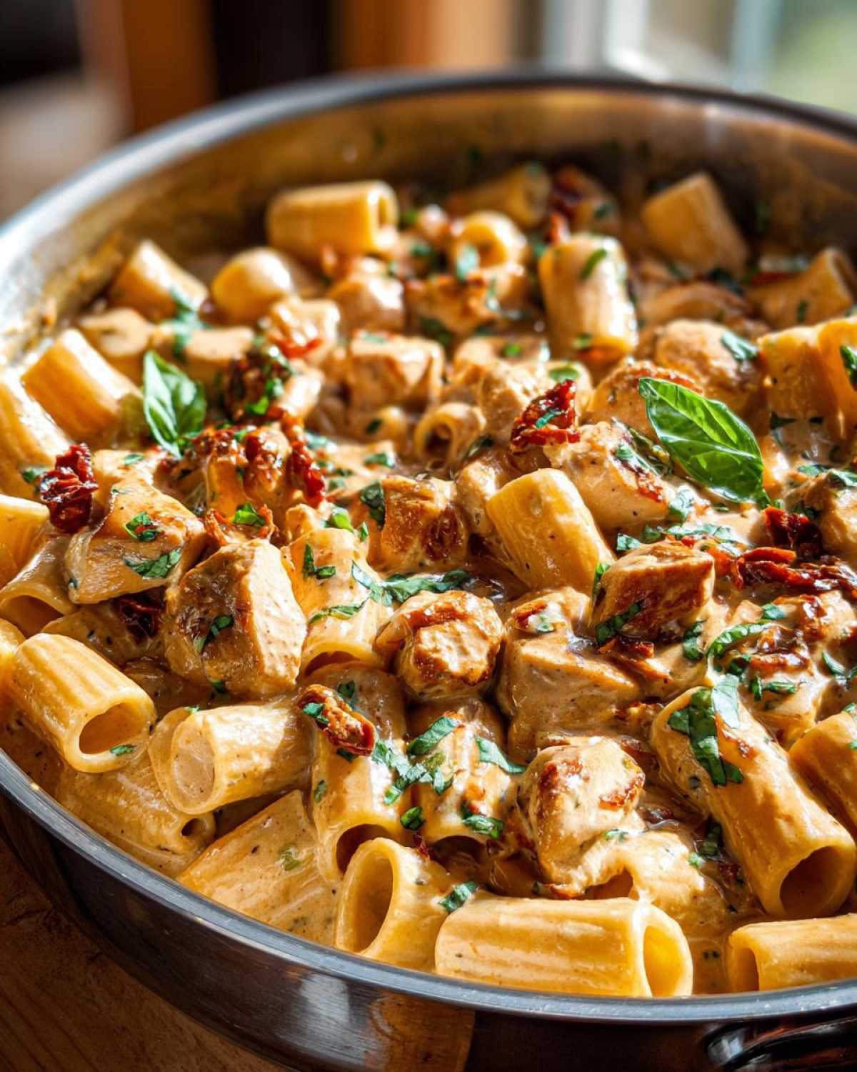 Close-up of creamy chicken pasta featuring rigatoni, diced chicken, and sun-dried tomatoes, garnished with basil.