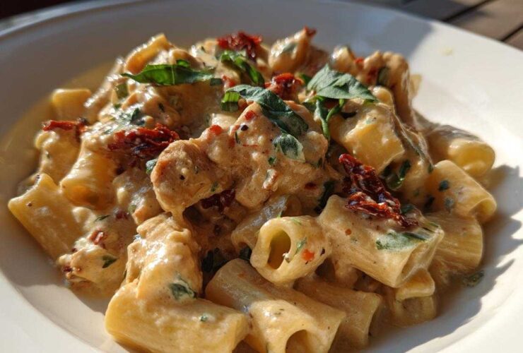 Close-up of creamy chicken pasta featuring rigatoni, chunks of chicken, sun-dried tomatoes, and fresh basil garnish.