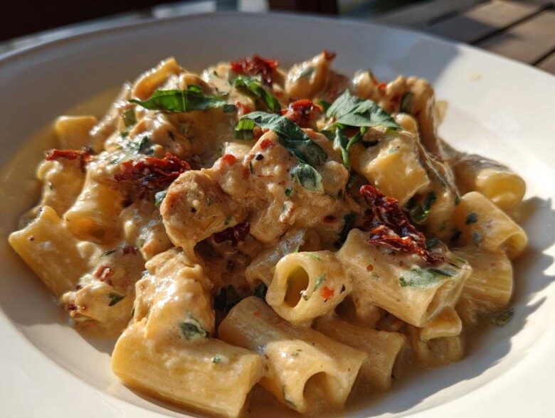 Close-up of creamy chicken pasta featuring rigatoni, chunks of chicken, sun-dried tomatoes, and fresh basil garnish.