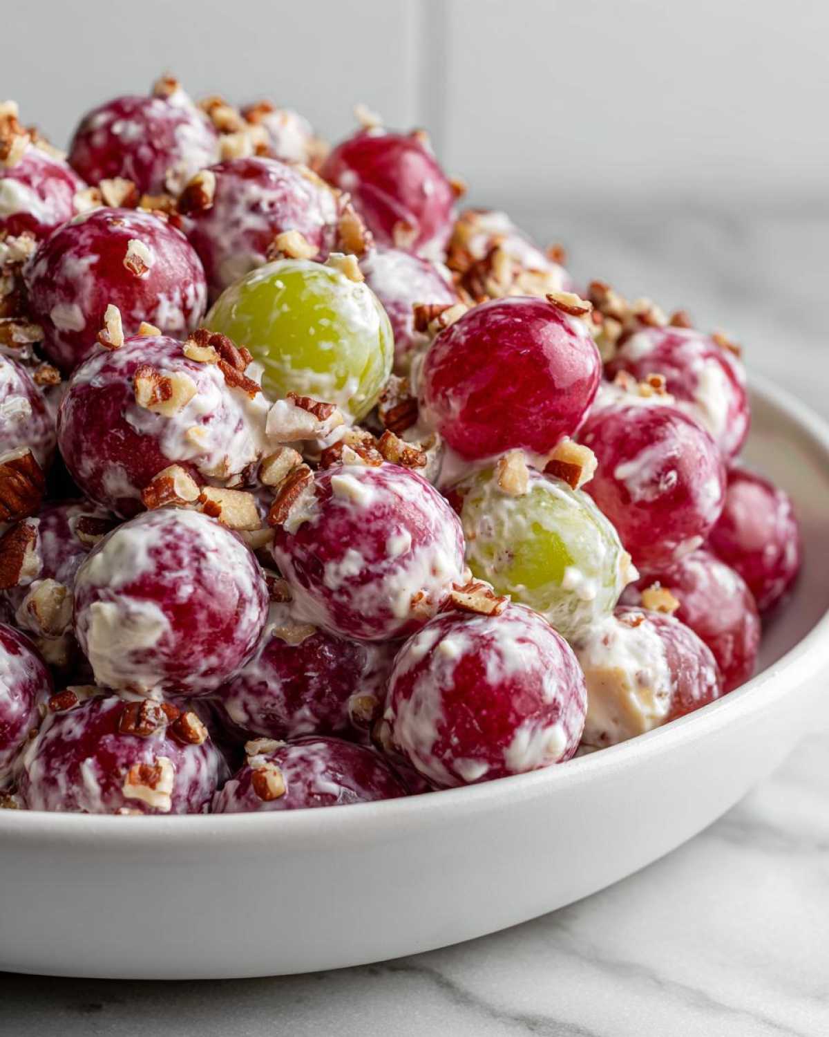 A white bowl filled with creamy chicken salad chick grape salad, featuring red and green grapes coated in a white dressing and topped with chopped pecans.