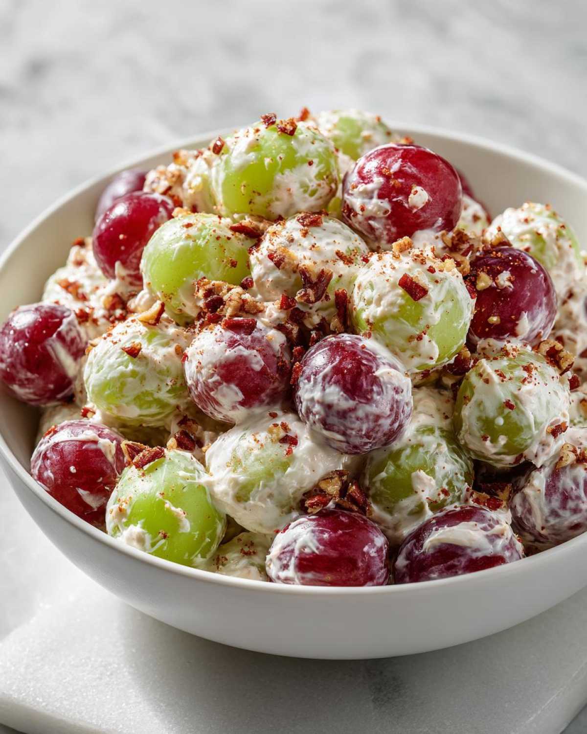 Close-up of creamy chicken salad chick grape salad featuring red and green grapes coated in dressing and topped with pecans.