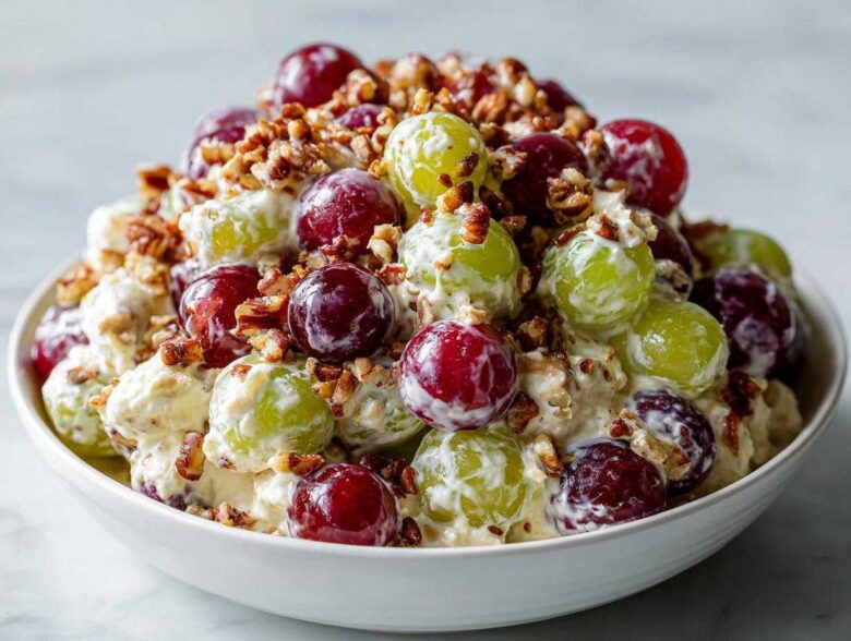 Close-up of a creamy chicken salad chick grape salad mixture with red and green grapes and chopped pecans.