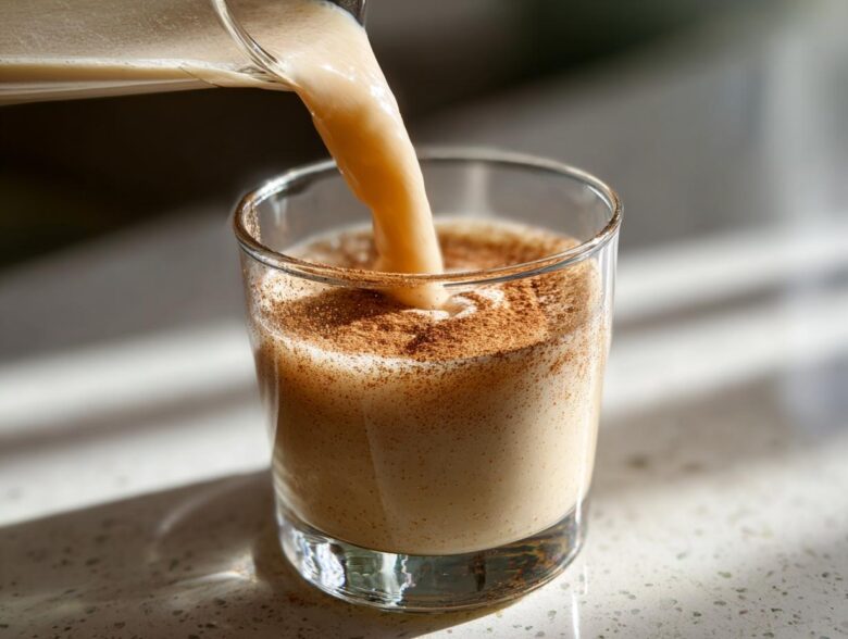 Close-up of creamy coquito being poured into a glass already dusted with cinnamon.