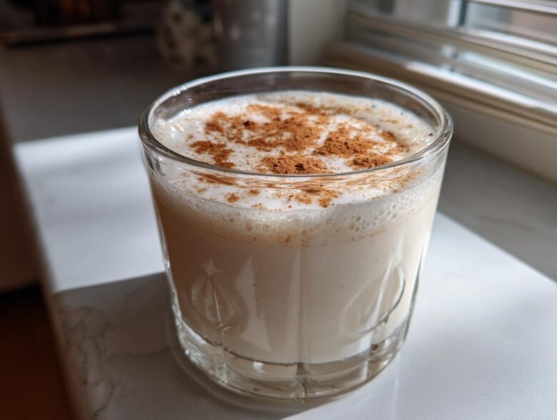 A glass filled with creamy, frothy coquito recipe, dusted generously with ground cinnamon.