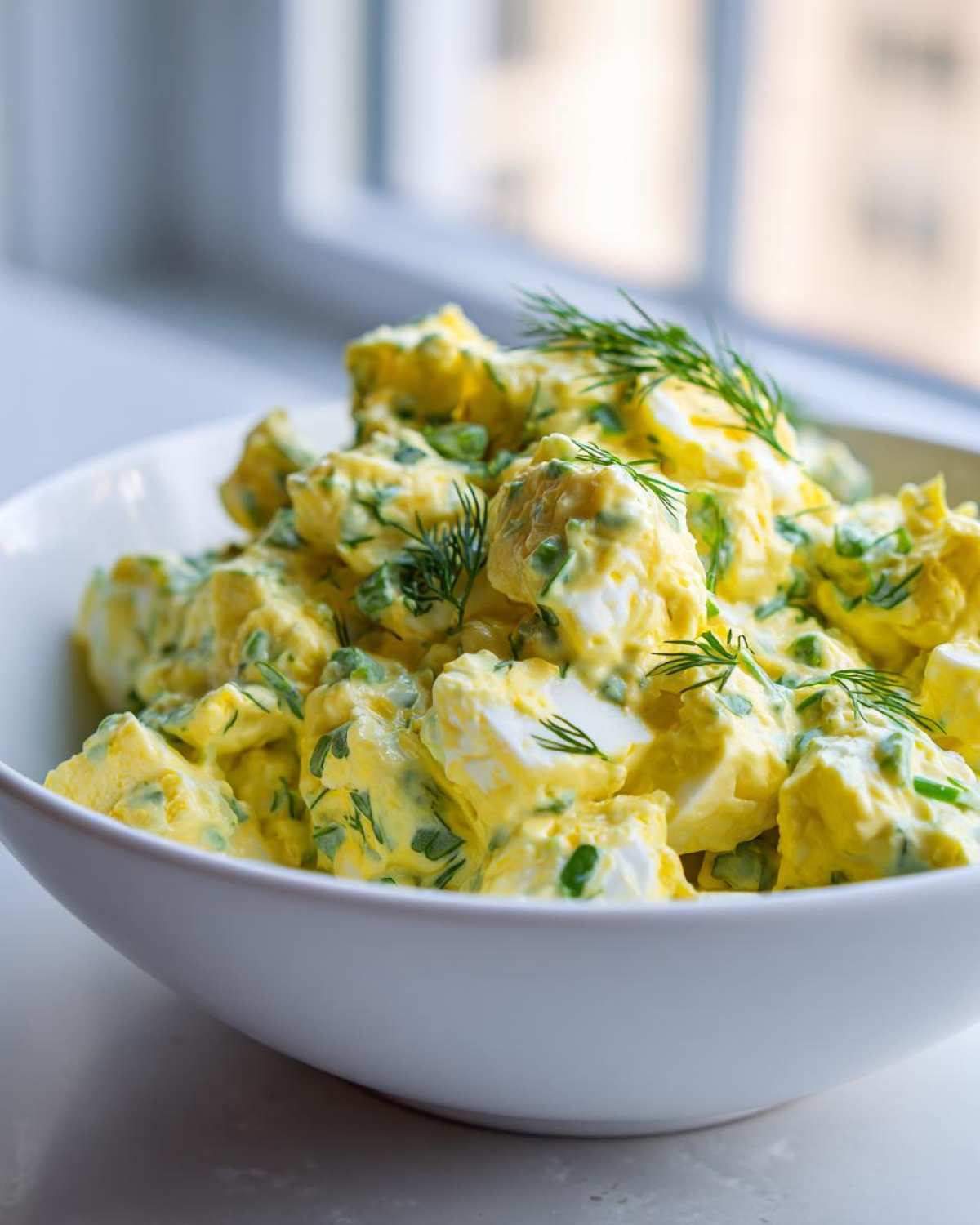 Close-up of a white bowl filled with creamy egg salad recipe, garnished with fresh dill.