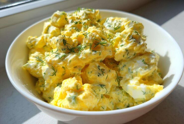 Close-up of a bright yellow, creamy egg salad recipe garnished with fresh dill in a white bowl.