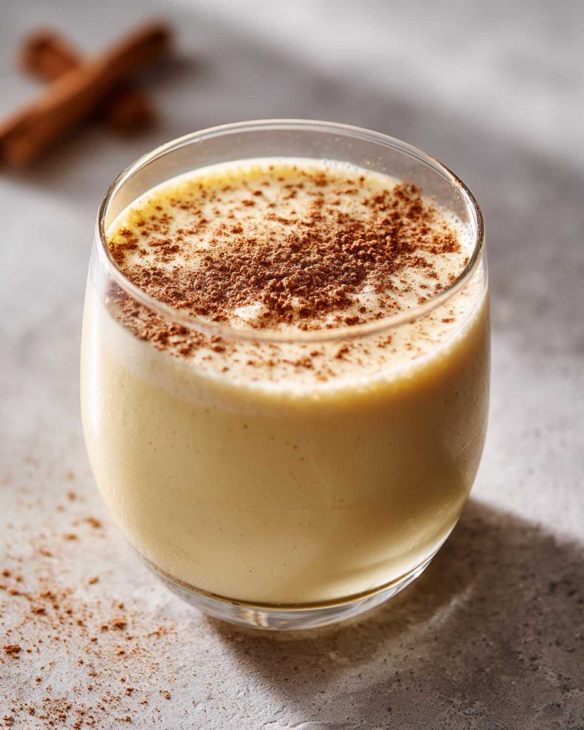 Close-up of a creamy glass of homemade eggnog topped with sprinkled cinnamon powder.