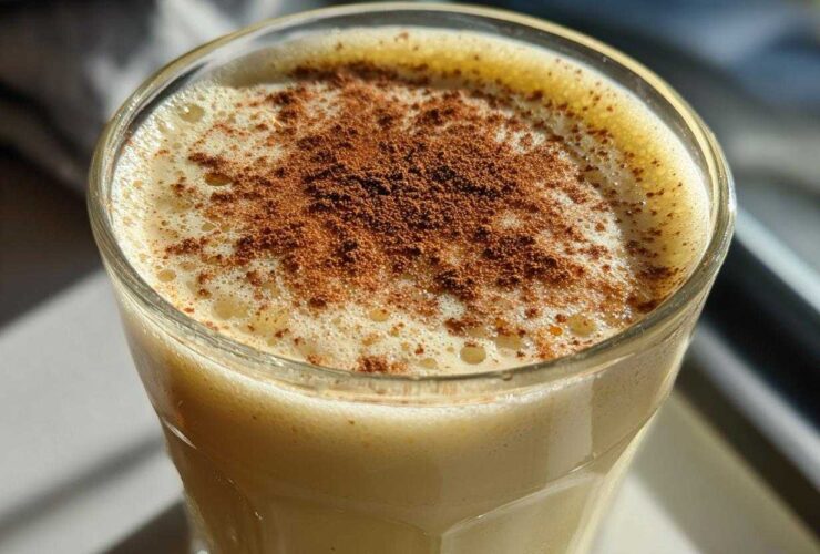 Close-up of a creamy glass of homemade eggnog topped generously with ground cinnamon.