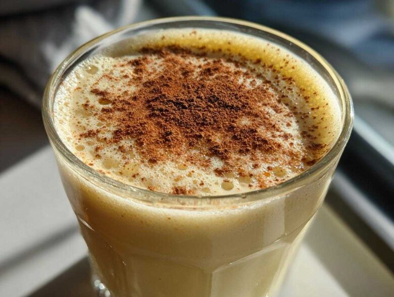 Close-up of a creamy glass of homemade eggnog topped generously with ground cinnamon.