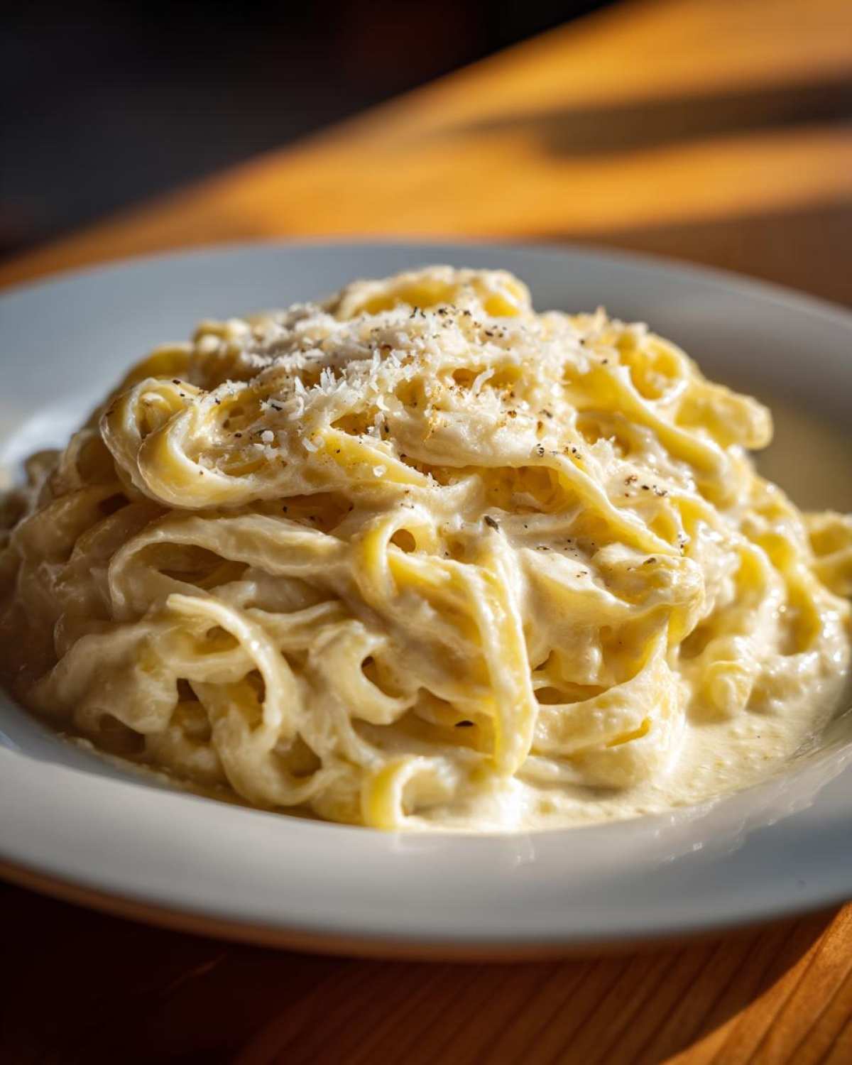 Close-up of fettuccine pasta coated in rich homemade alfredo sauce, topped with grated cheese and pepper.