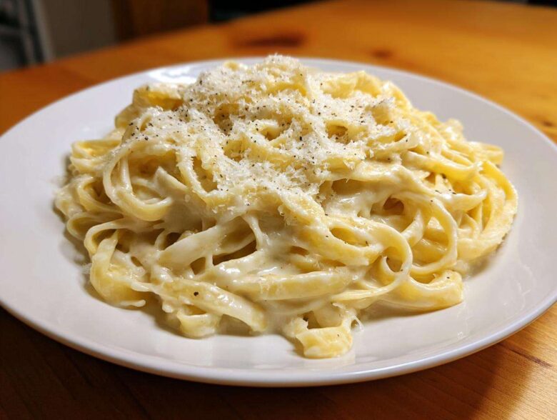 A plate of fettuccine pasta generously coated in creamy homemade alfredo sauce and topped with grated Parmesan cheese and black pepper.
