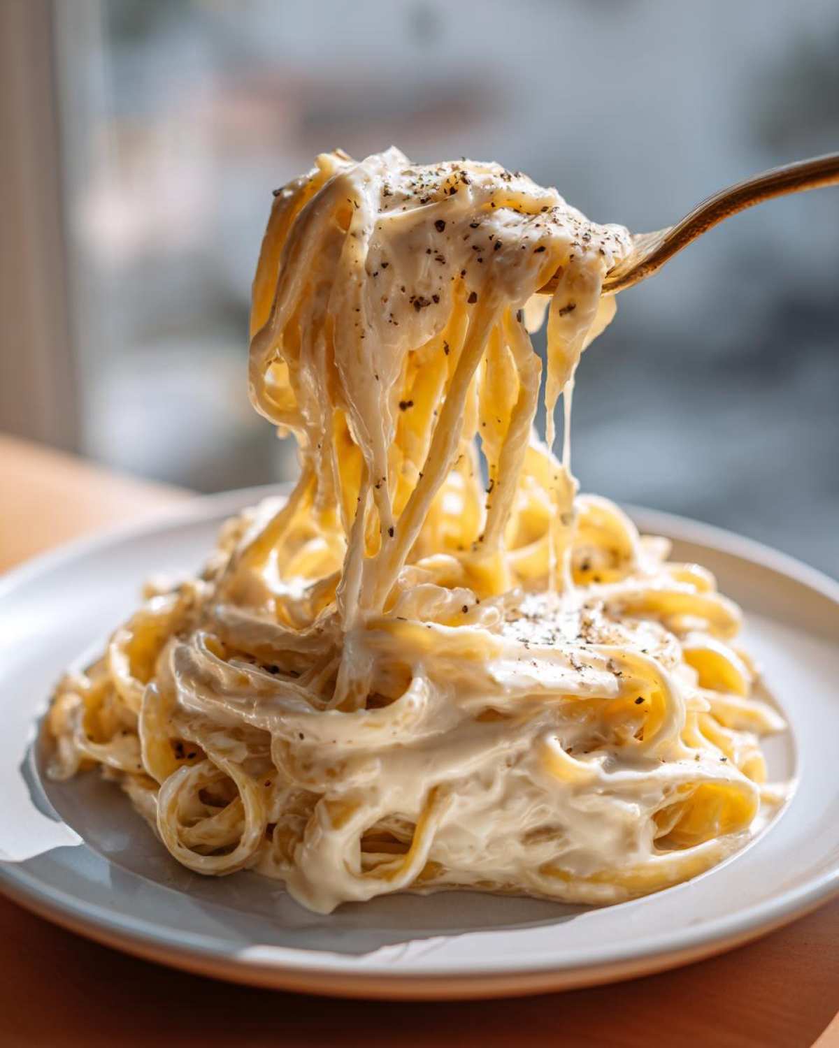 A fork lifting creamy fettuccine coated in rich olive garden alfredo sauce, sprinkled with black pepper.