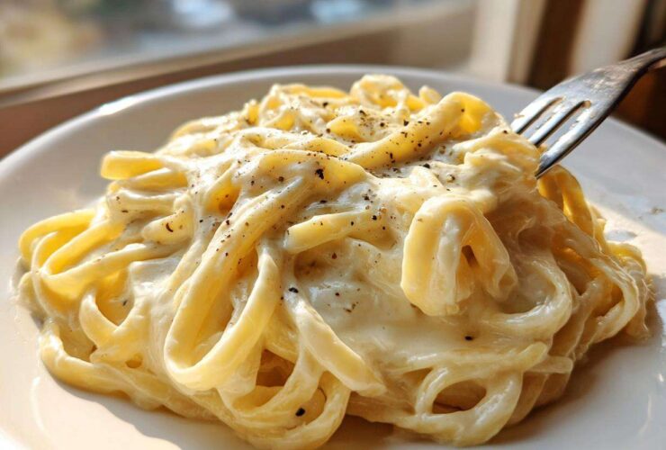 Close-up of fettuccine pasta coated in rich olive garden alfredo sauce, topped with black pepper, with a fork lifting some noodles.