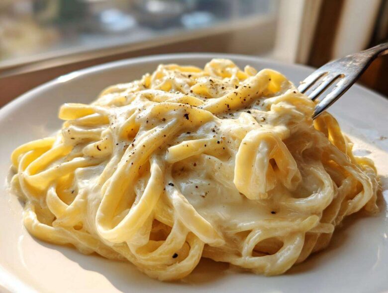 Close-up of fettuccine pasta coated in rich olive garden alfredo sauce, topped with black pepper, with a fork lifting some noodles.