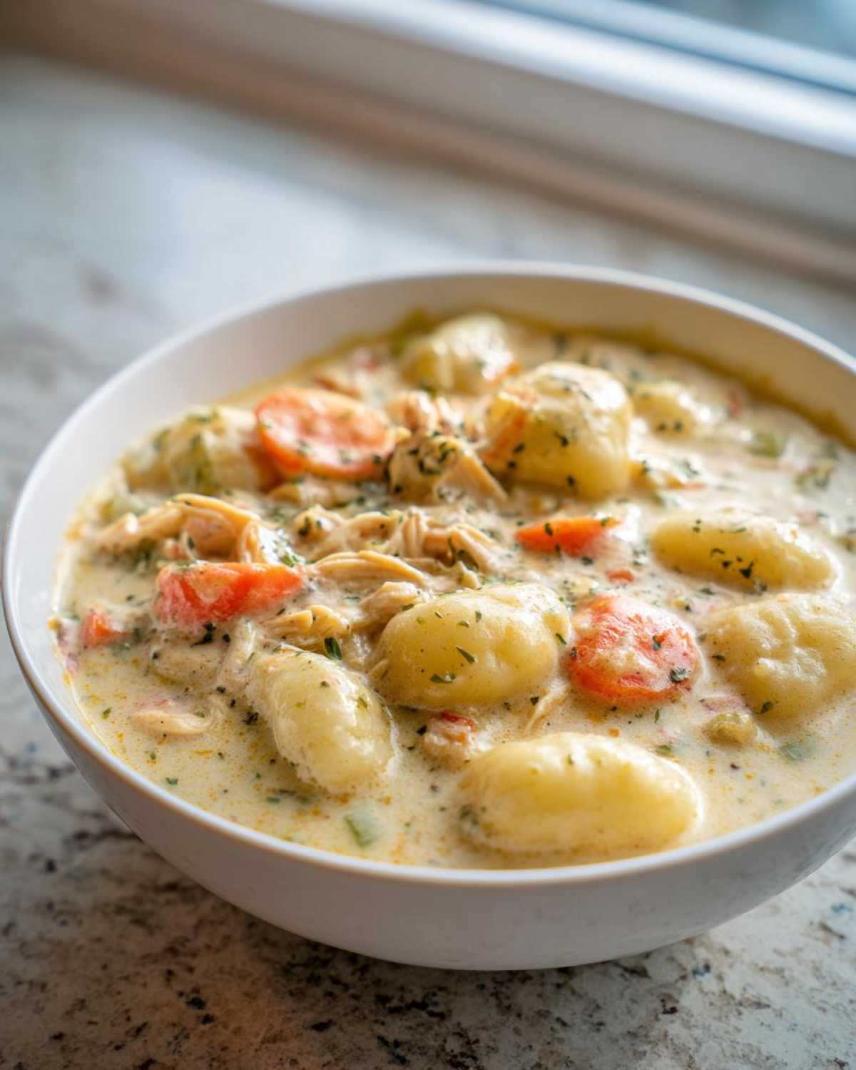 A close-up of a hearty bowl of creamy gnocchi soup featuring plump gnocchi, shredded chicken, and sliced carrots.
