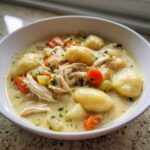 A close-up of a hearty bowl of creamy gnocchi soup filled with shredded chicken, carrots, celery, and soft potato gnocchi.