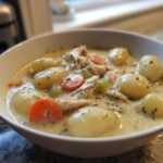 Close-up of a white bowl filled with creamy gnocchi soup featuring tender gnocchi, shredded chicken, carrots, and celery.