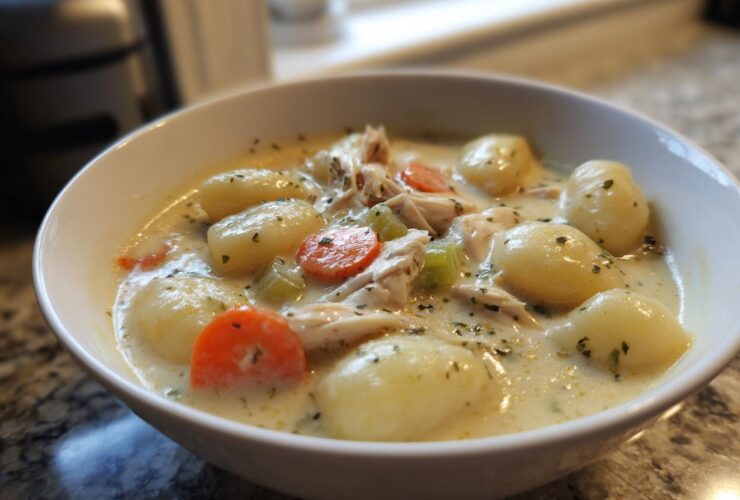Close-up of a white bowl filled with creamy gnocchi soup featuring tender gnocchi, shredded chicken, carrots, and celery.