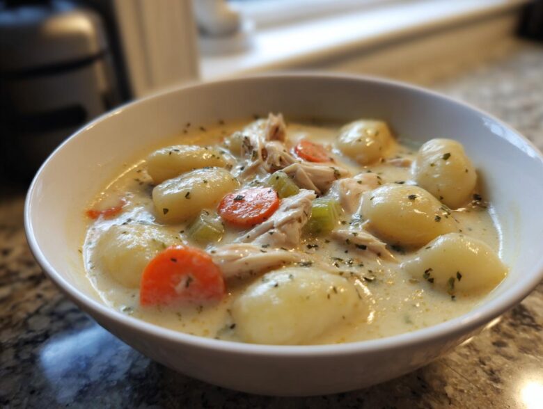 Close-up of a white bowl filled with creamy gnocchi soup featuring tender gnocchi, shredded chicken, carrots, and celery.
