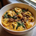 Close-up of a creamy bowl of italian sausage tortellini soup with spinach and browned sausage crumbles.