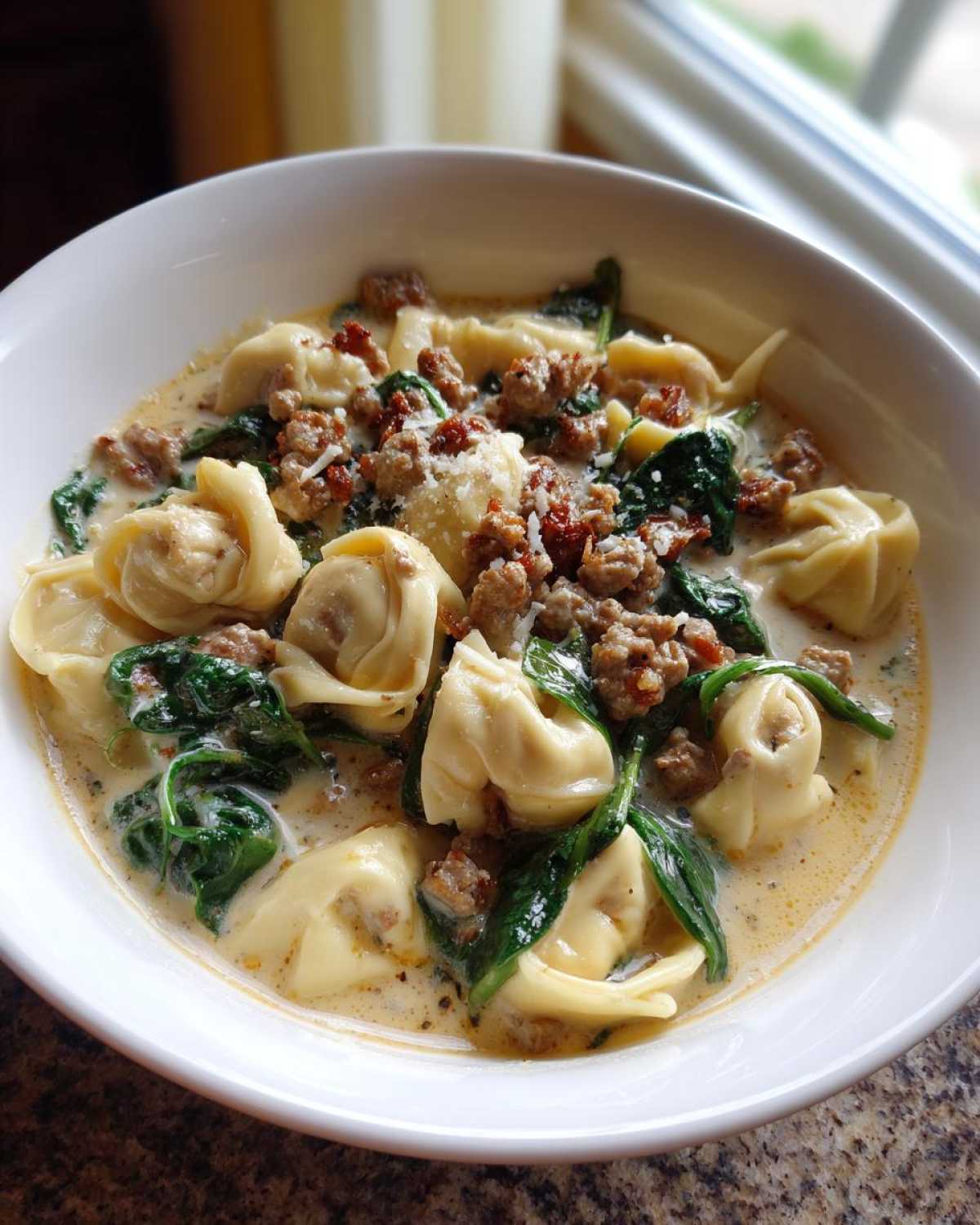 A close-up of a white bowl filled with creamy italian sausage tortellini soup, featuring tortellini, sausage crumbles, and spinach.