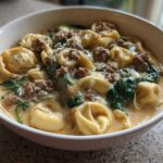 A close-up of a hearty bowl of creamy italian sausage tortellini soup with spinach.