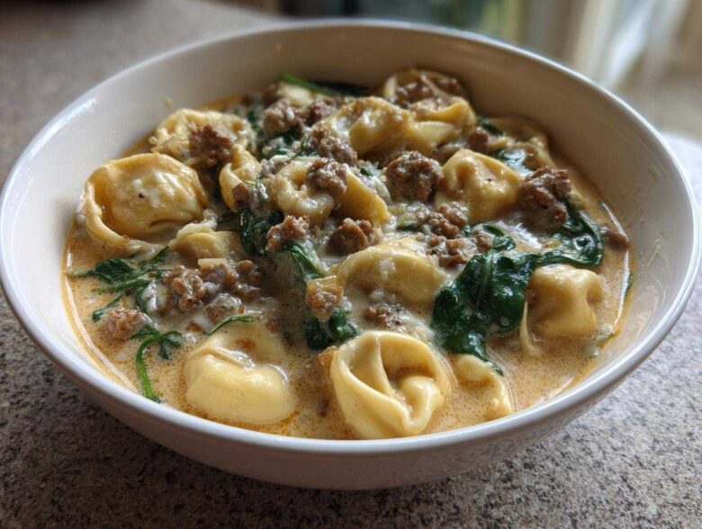 A close-up of a hearty bowl of creamy italian sausage tortellini soup with spinach.