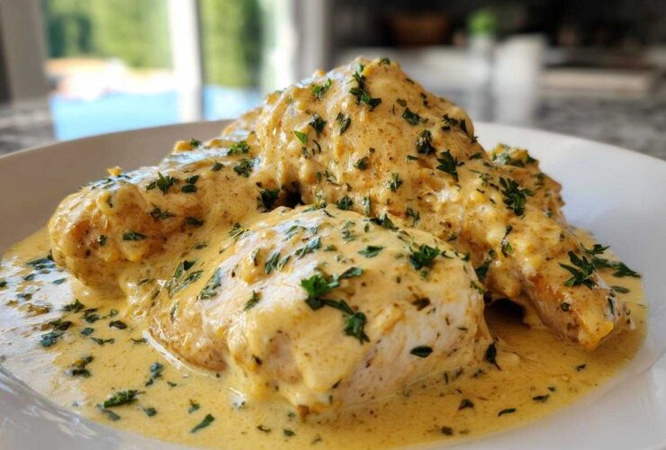 Three pieces of chicken breast smothered in a rich, creamy lemon sauce and sprinkled with fresh parsley.