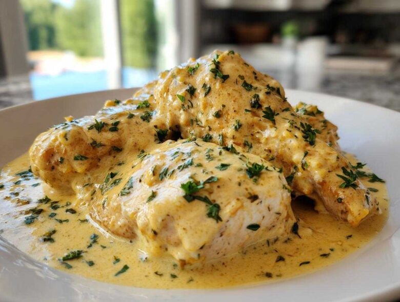 Three pieces of chicken breast smothered in a rich, creamy lemon sauce and sprinkled with fresh parsley.