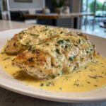 Two golden-brown chicken breasts smothered in a rich, creamy lemon sauce and sprinkled with fresh parsley.